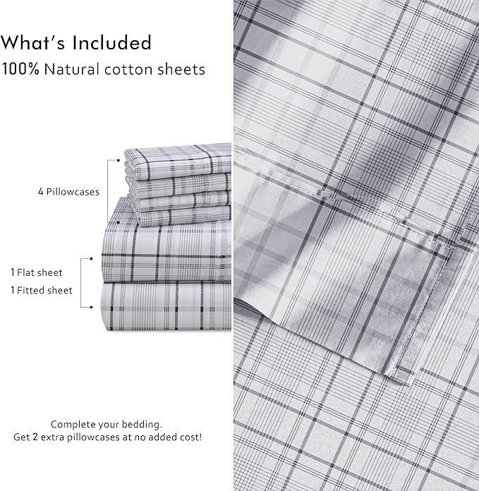 RUVANTI 100% Cotton Percale Sheets California King Size 6 Piece Set, Cooling Bed Sheets for Hot Sleepers, Deep Pocket 14”, Breathable Lightweight & Durable, Crisp Hotel Style Sheets, Open Check