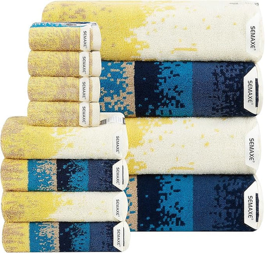 SEMAXE Bath Towel Set, 12 Piece Cotton Towel Set for Bathroom, More Towels for Family Use, Quick Dry with Hanging Loops, Easy Care, Coastal Ombre