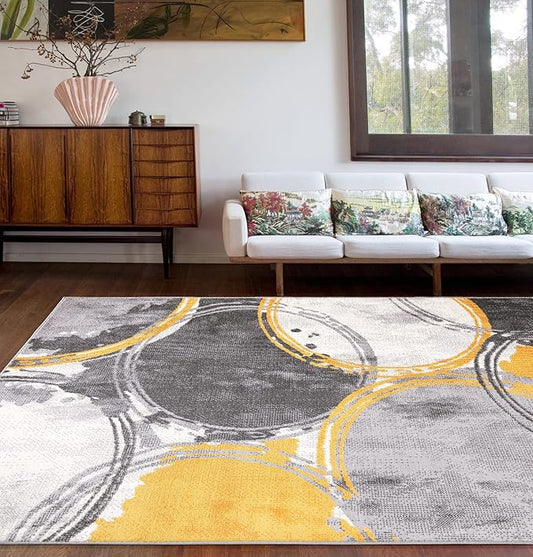 Rugshop Evora Modern Yellow Area Rug, Contemporary Circles Design, Non-Shedding Carpet for Large Living Room or Bedroom, 7'10" x 10'