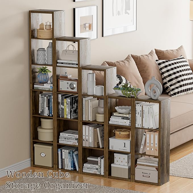 Tall Cube Storage Organizer Bookcase, 5 Tier 11 inch Open Back Cubical Shelf with Thickened Border, Display Bookshelf for Living Room, Home Office, Sturdy Room (Brown, 5 Cube,Vertical)