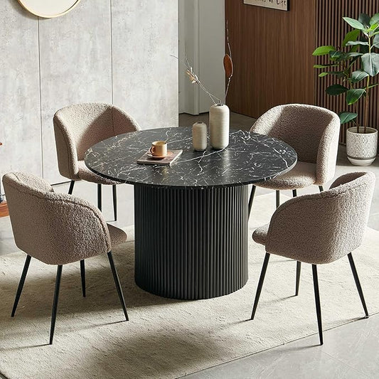 Farmhouse Black Dining Table Set for 4,Rustic Round Kitchen Table Set with Brown Upholstered Sherpa Dining Chairs, Modern Kitchen Table and Chairs Set for Living Room, Dining Hall,Restaurant