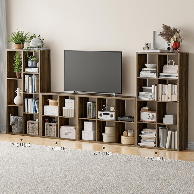 Cube Storage Organizer Bookcase, Decorative 11 inch Open Back Cubical Shelf with Thickened Border, Display Bookshelf for Living Room, Home Office, Sturdy Room (Brown, 7 Cube)