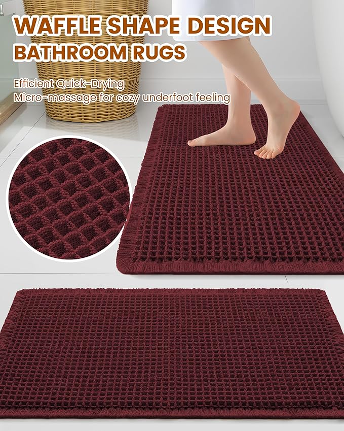 Smiry Waffle Bath Mat 60x24, Extra Soft Absorbent Bathroom Rugs, Non Slip Machine Washable Quick Dry Bath Rugs for Bathroom Floor, Tub, Shower, Home Decor Accessories, Burgundy