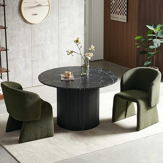 NORDICANA 3-Piece Round Dining Table Set for 2, Modern 47-Inch Kitchen Table and Chair Set, Dining Set with Dark Green Upholstered Armchairs, Manufactured Wood Top with Black Marble Effect Finish