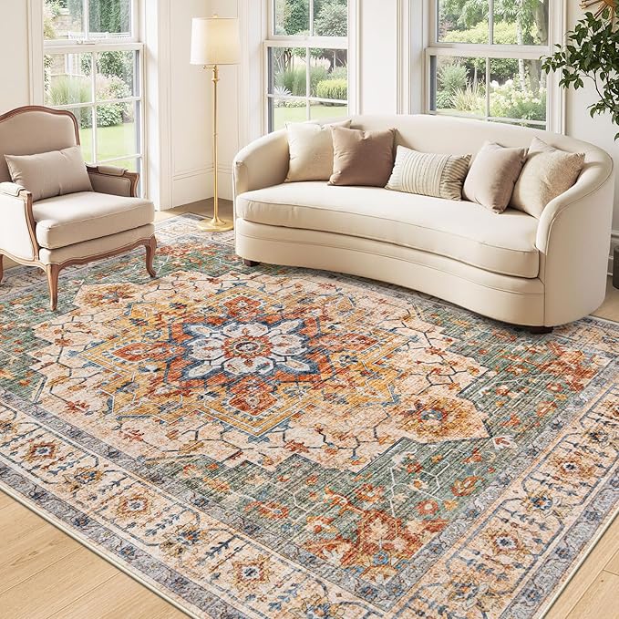 Area Rug 5x7 Vintage Rug: Washable Indoor Medallion Rugs Low Pile Distressed Floor Carpet Retro Accent Rug for Living Room Bedroom Kitchen Dining Table Home Office(Green/Yellow, 5'x7')