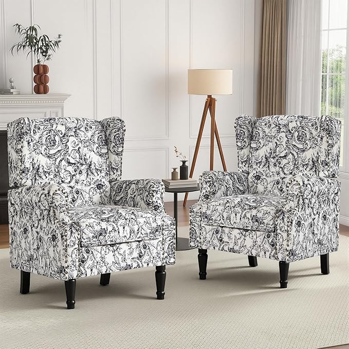High Back Accent Chairs Set of 2, Fabric Upholstered Armchair Floral Wingback Chair for Living Room, Comfy Single Sofa Solid Wood Legs Bedroom Reading Seat - Rococo Black