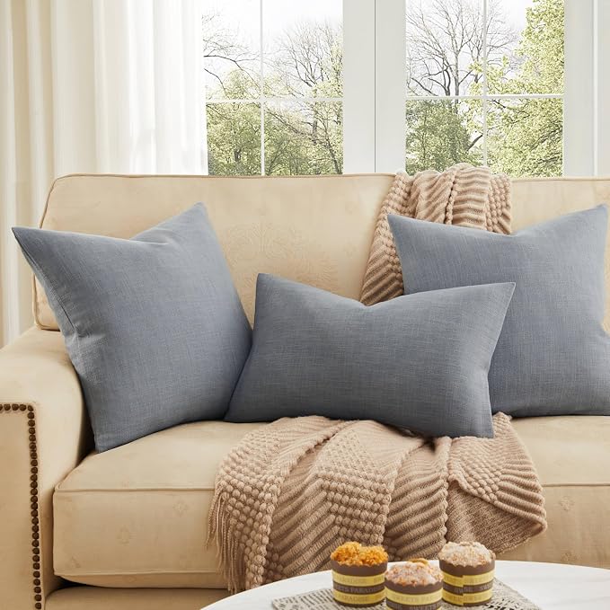 ZeeMart Rustic Cotton Linen Throw Pillow Covers Set of 2, 22x22 Inch Blue Ashes, Farmhouse Style Decorative Couch Pillow Cases Cushion Covers for Sofa Bed Living Room Home Decor