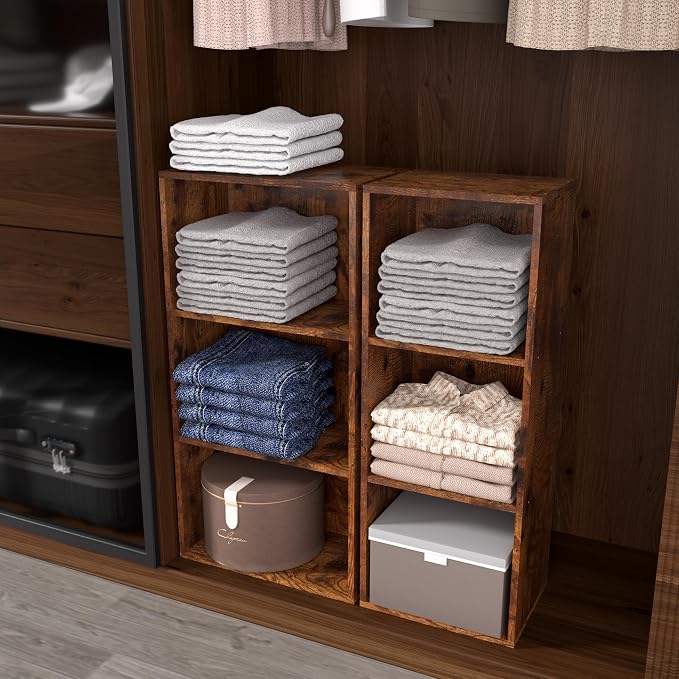 Wooden 3 Cube Storage Organizer, 3 Tier Storage Cubes Storage Display Cubby, Freestanding DIY Closet Shelving Unit for Living Room Bedroom Office (Retro Brown, 3 Cube-W(11.8inch)