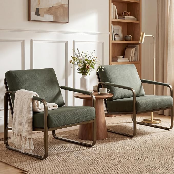 PrimeZone Mid-Century Modern Accent Chair Set of 3 - Comfy Fabric Living Room Chair, Lounge Armchair with Extra Soft Padded & Cushion, Ergonomic Accent Chair for Bedroom Office, Dark Green