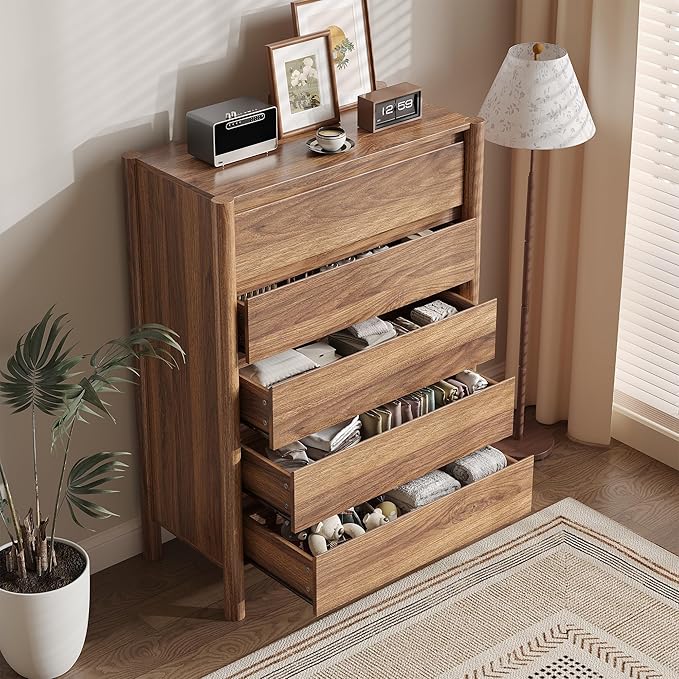 CHUWELL 5 Drawer Dresser for Bedroom，45" Tall Mid Century Chest of Drawers with 5 Large Storage Space and 4 Solid Wood Cylindrical Legs, Large Dresser for Bedroom(Walnut)