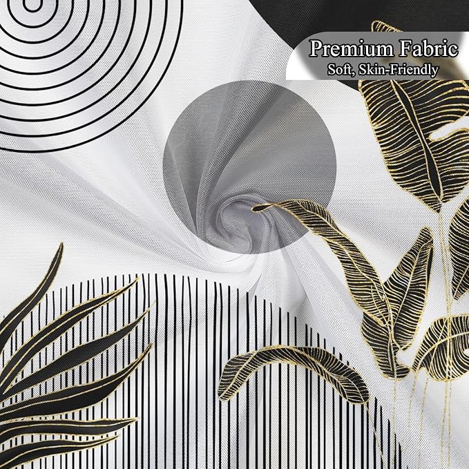 Mid Century Boho Shower Curtain, Abstract Modern Sun Minimalist Aesthetic Shower Curtain, Bohemian Geometric Arch Curve Leaves Neutral Art Fabric Bathroom Curtain Black 60x72 inch