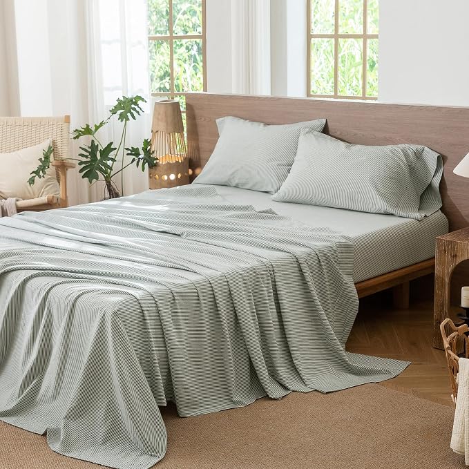 MooMee Striped Sheet Set 100% Washed Cotton Linen Like Textured Breathable Durable Soft Comfy (Heathered Green Pinstripes, Queen)