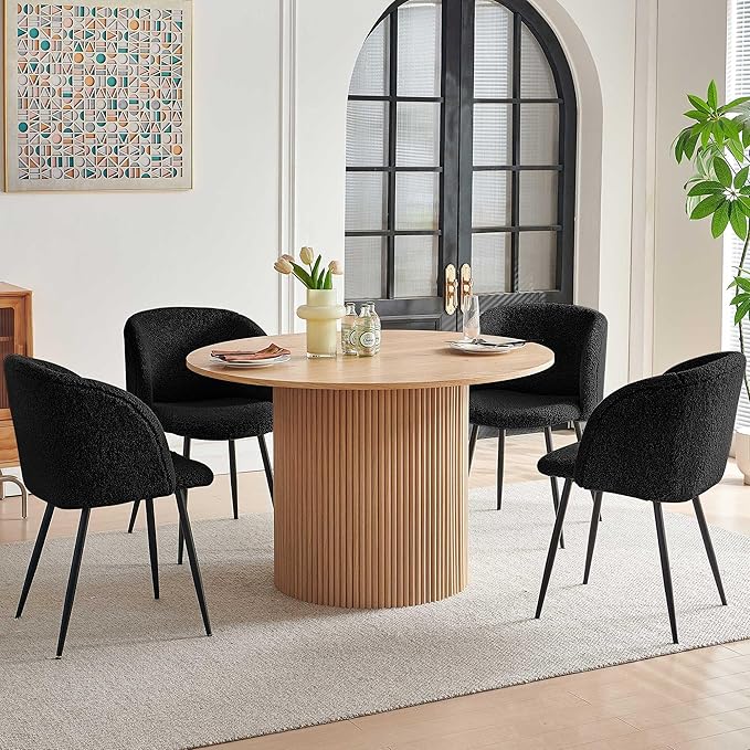 5-Piece Modern Kitchen Dining Room Table Set for 4, 47-Inch Oak Wooden Dining Table Round with 4 Seated Black Arm Chairs Upholstered Sherpa, Mid-Century Breakfast Nook Table Set
