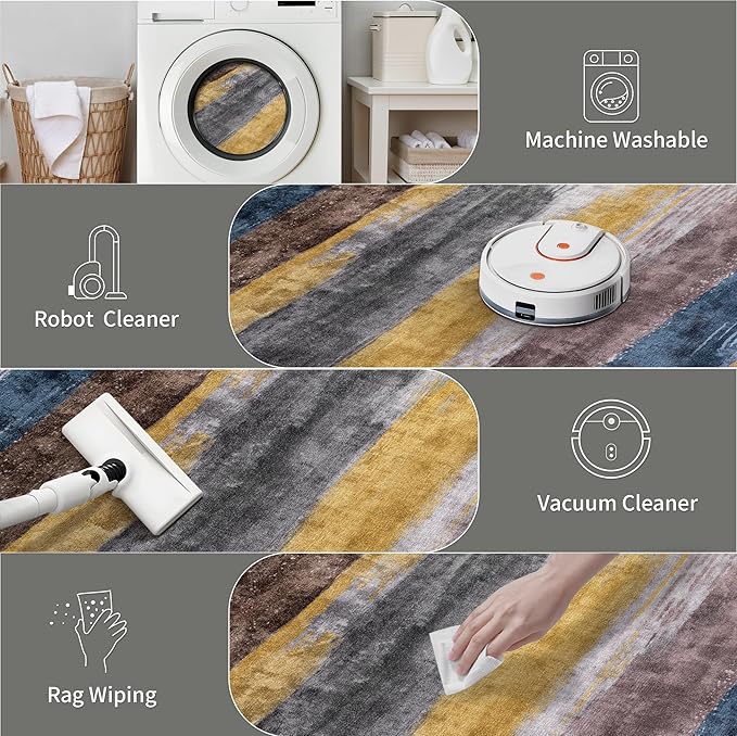 Ciicool 8ft Round Washable Rug, Modern Abstract Circle Rugs, Non-Slip Thin Lightweight Rug Yellow Grey Circular Print Distressed Carpet for Bedroom Living Room Under Dining Table Home Office Decor