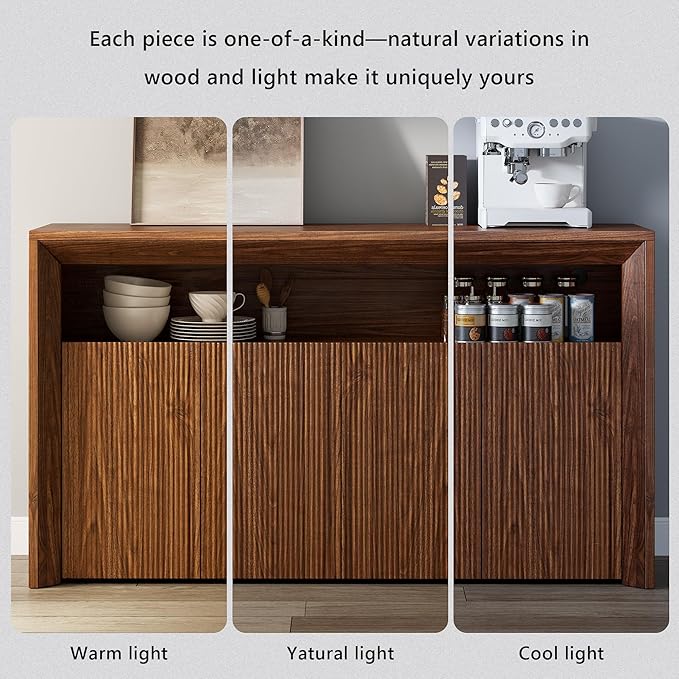 66.2" Buffet Cabinet with Storage and led Lights,Modern Sideboard Cabinet with 4 Doors & Shelves,Fluted Media Console Mid Century Coffee Bar Table for Living Room Kitchen Dining Room,Walnut