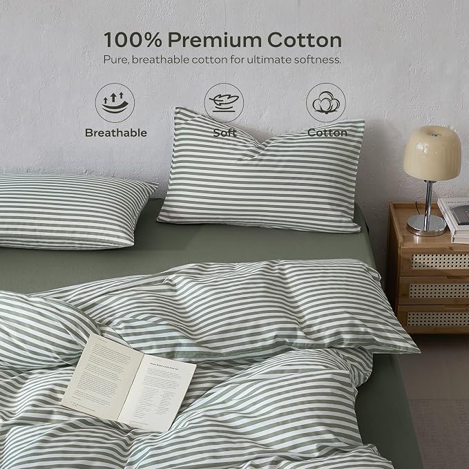 JELLYMONI Striped Duvet Cover Set - King Size Comforter Cover, Classic Green & White Stripes, 100% Cotton 3 Pcs Bedding with Zipper Closure & 8 Corner Ties for Master or Guest Bedroom