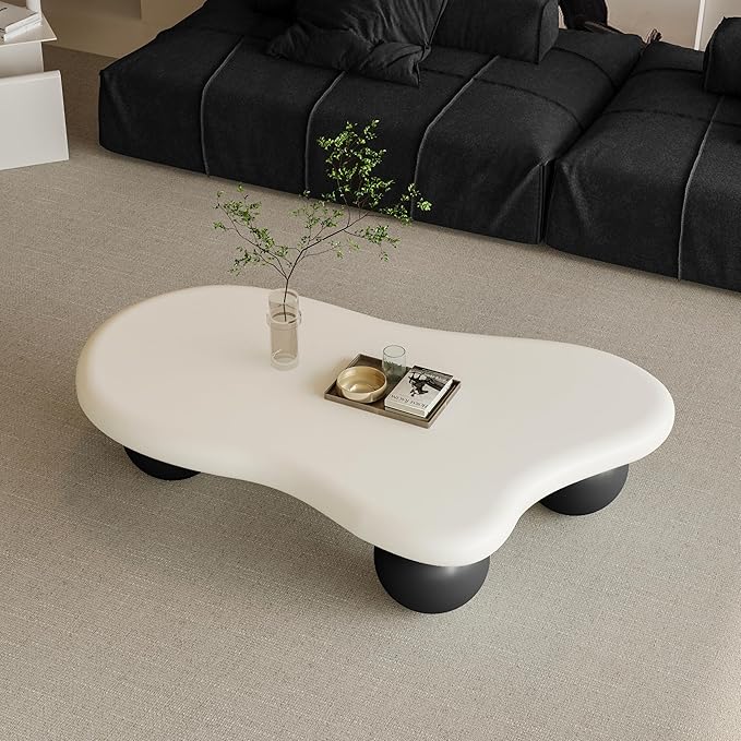 40" Modern Coffee Table Cloud Shape Low Center Table Cute Irregular Indoor Tea Table with 3 Ball Legs for Living Room Small Space