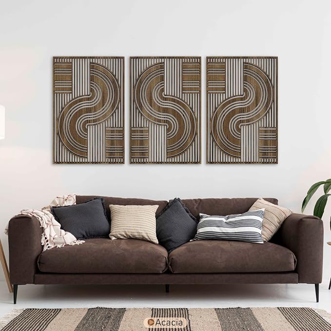 Boho Lines Wood Wall Art Set of 3, Mid Century Modern Geometric Balance Wooden Decor, Extra Large Abstarct Wall Panels, New Home Accent for Living Room and Bedroom