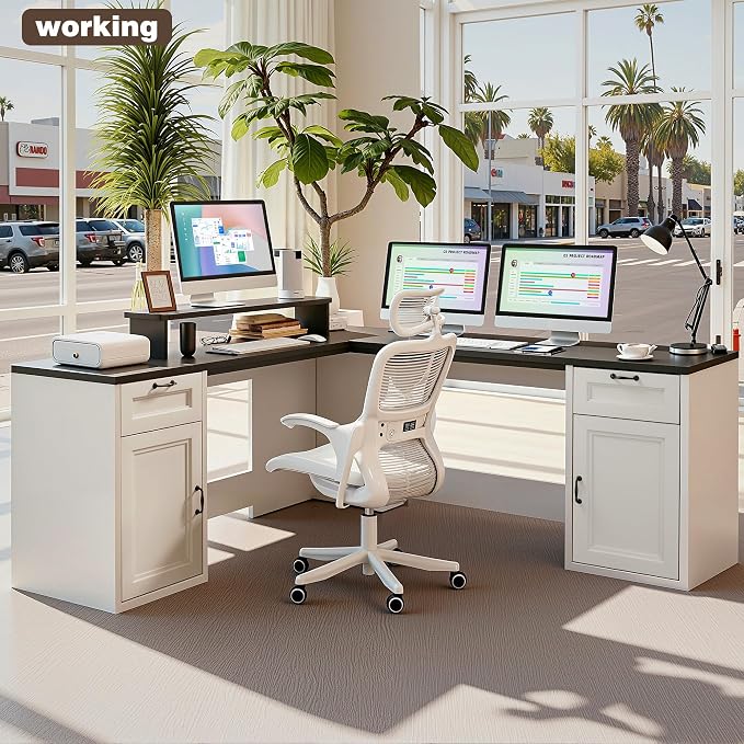 HUAHUU 78" Farmhouse L Shaped Executive Desk with Drawers, Modern Computer Desk with Power Outlets, Office Writing Desk with Monitor Stand & Storage Cabinet, Printer Shelf, Antique White