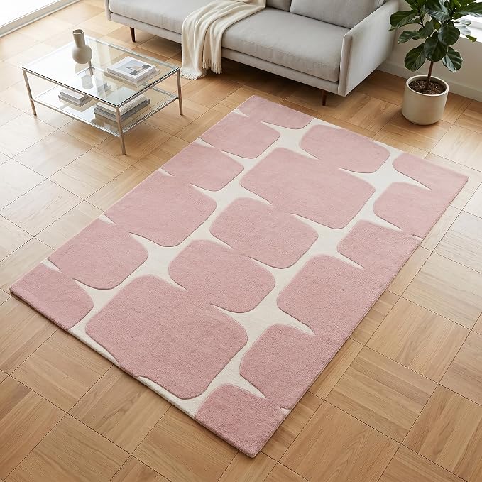 Restoration and Renovation Modern Wool Area Rug - Contemporary Abstract Geometric Design, Thick & Soft Hand-Tufted Carpet - Ideal for Indoor Decor in Living Room, Bedroom (Pink, 8' x 10')