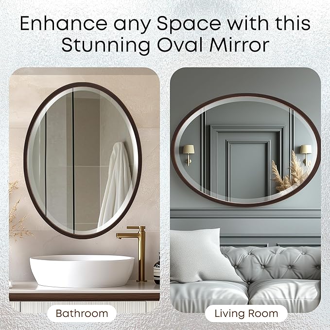 OVALCREST - Oval Wooden Beveled Wall Mirror for Home Decor, Bathroom, Vanity, Bedroom, Living Room, Hallway - London Style (Rubbed Bronze) 37.1 x 25.1