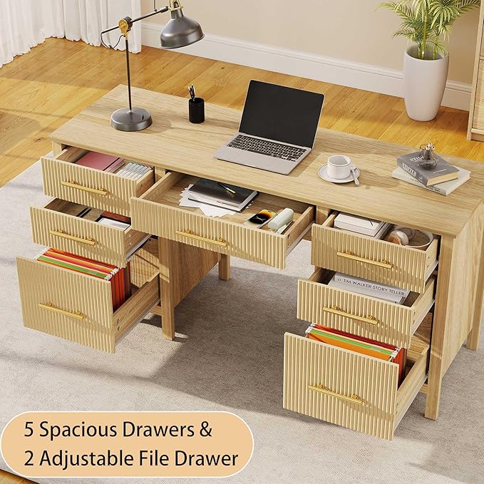 Modern Executive Desk with Drawers: 60" Oak Home Office Desks with File Drawers, Wood Fluted Computer Writing Desk for Work, Study, and Living Room (60")
