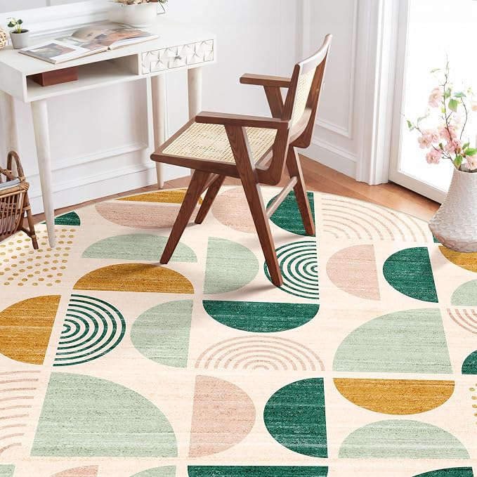 MUJOO Round Rugs 6ft,Circle Area Rug Washable,Circular Rugs for Living Room Dining Room,Large Boho Non Slip Throw Floor Carpet Modern Abstract Sage Green