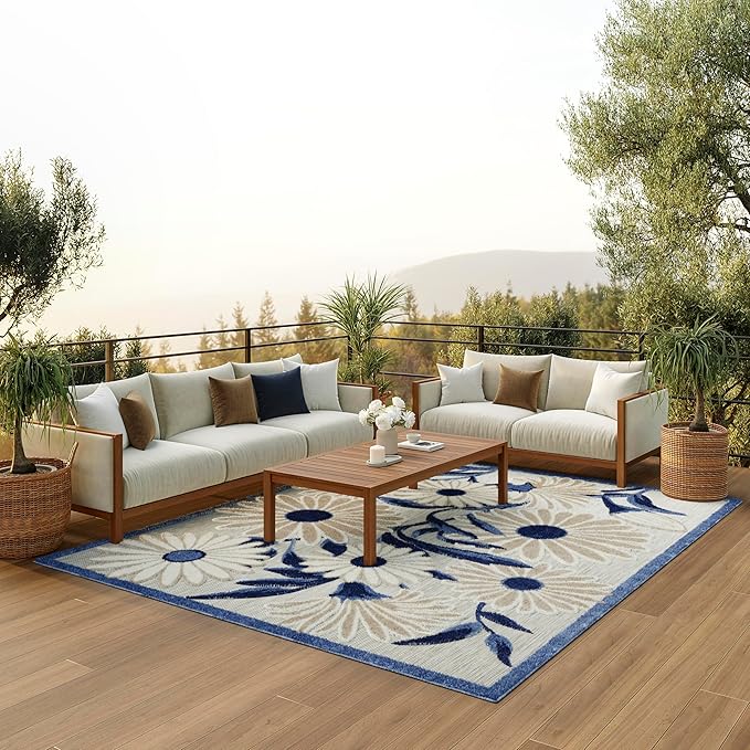 Nourison Home Aloha Blue Grey 7' x 10' Area Rug - Easy Clean, Non Shedding, Bed Room, Living Room, Dining Room, Kitchen (7' x 10')