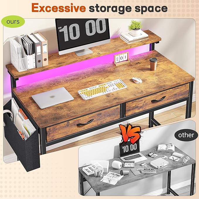 Gaming Desk with LED Lights & 2 Fabric Drawers, 39.4Inch Home Office Computer Desk with Side Pocket & Ergonomic Monitor Stand, Small Space Study Writing Table with Anti-Tip Design, Rustic Brown