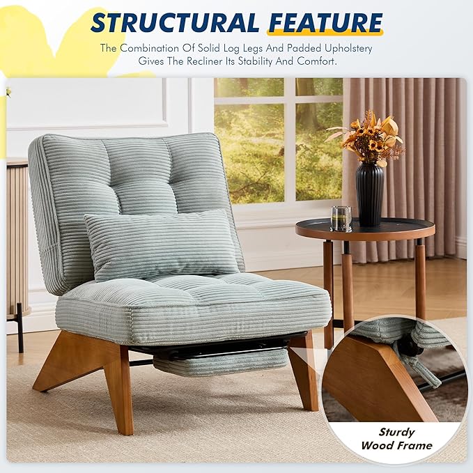 Accent Chair with Ottoman Adjustable Backrest, Stripe Living Room Chair Indoor Lounge Chair with Build-in Footrest Set, Modern Chair Cozy Reclining Chair for Reading Room, Green