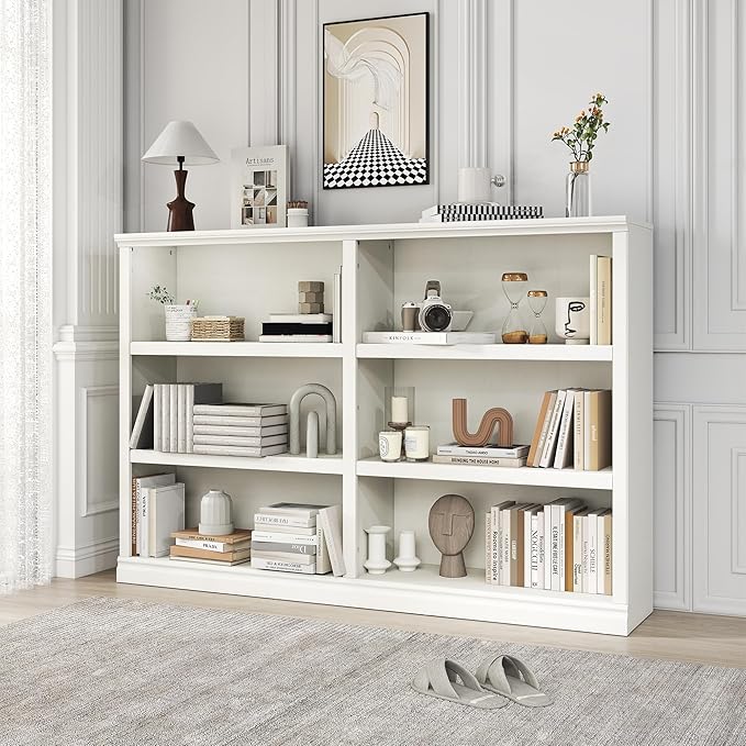 Bevfint Double Wide Open Shelf Bookcase - 3 Tiers 6 Storage Cube Adjustable Space Book Case, Display Cabinet Organizer with Bookshelf, 64.8 inch Width Indoor Furniture for Home Library Office, White
