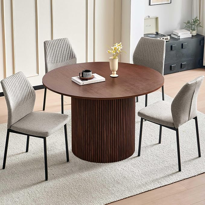 Dining Table Set for 4, 47" Wooden Round Kitchen Table with Linen Fabric Chairs for Kitchen Room and Small Spaces(Walnut Table + 4 Light Brown Chairs)