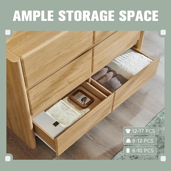 Modern 6 Drawers Dresser for Bedroom, 47" Wide Dresser w/Large Storage & Rounded Corner, Wood Handleless Chests of Drawers w/Natural Texture for Bedroom, Hallway, Living Room-Natural