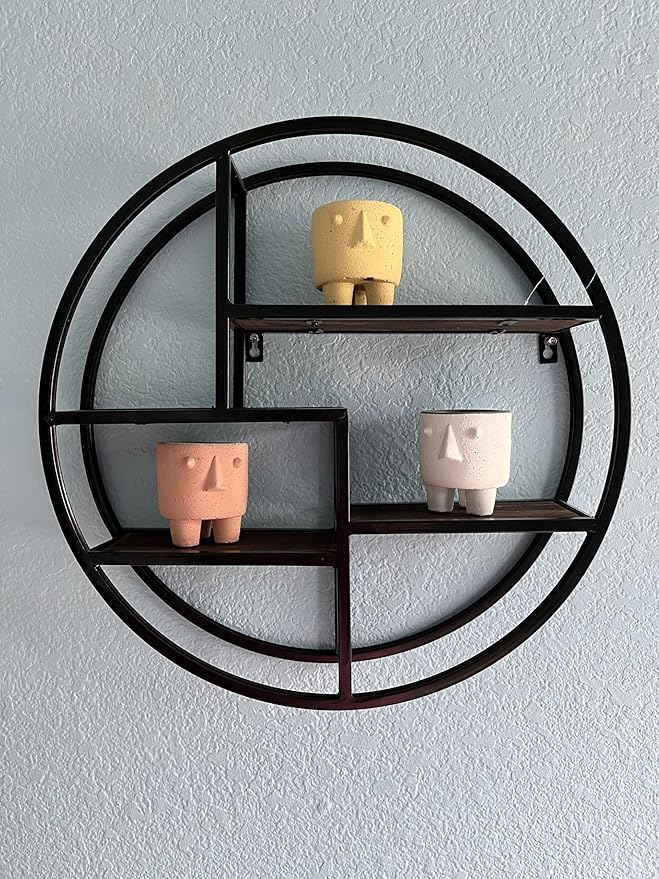 Admired By Nature, 18" Mounted Iron Circle Hanging Storage Shelving Floating Shelf 4 Tier Floating Circular Wall Decor Round Decorative Hanging Shelves, Sphere Shape Wall Shelf For Home, Black, 1 unit