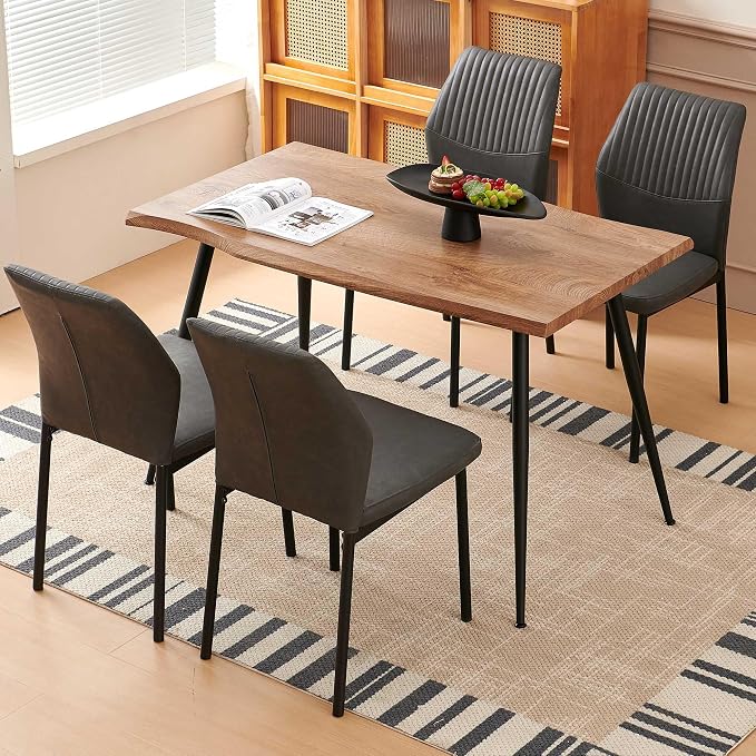 Dining Table Set for 4, Modern Wood Irregular Rectangle Dining Table,Leather Dining Chairs 4,Table and Chairs Set of 4 for Kitchen Dining Room, Dark Grey