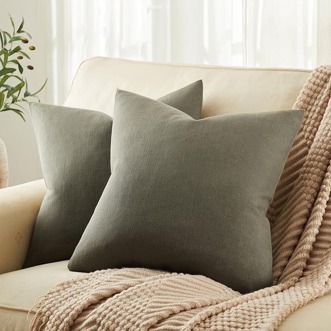 ZeeMart Rustic Cotton Linen Throw Pillow Covers Set of 2, 22x22 Inch Olive, Farmhouse Style Decorative Couch Pillow Cases Cushion Covers for Sofa Bed Living Room Home Decor