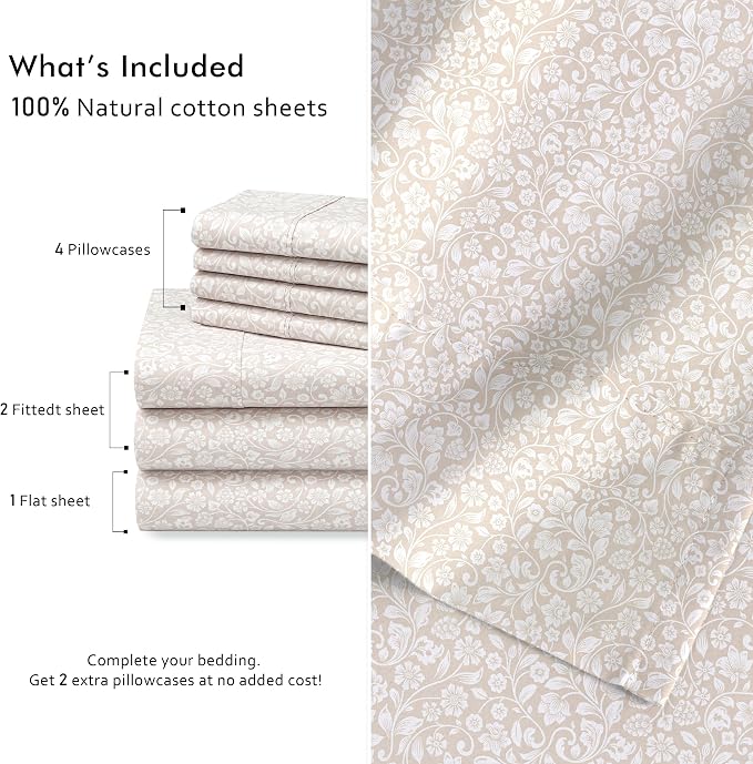 RUVANTI 100% Cotton Percale Sheets Split King Size 7 Piece Set, Cooling Bed Sheets for Hot Sleepers, Deep Pocket 16”, Breathable Lightweight & Durable, Crisp Hotel Style Sheets, Orchid Charm