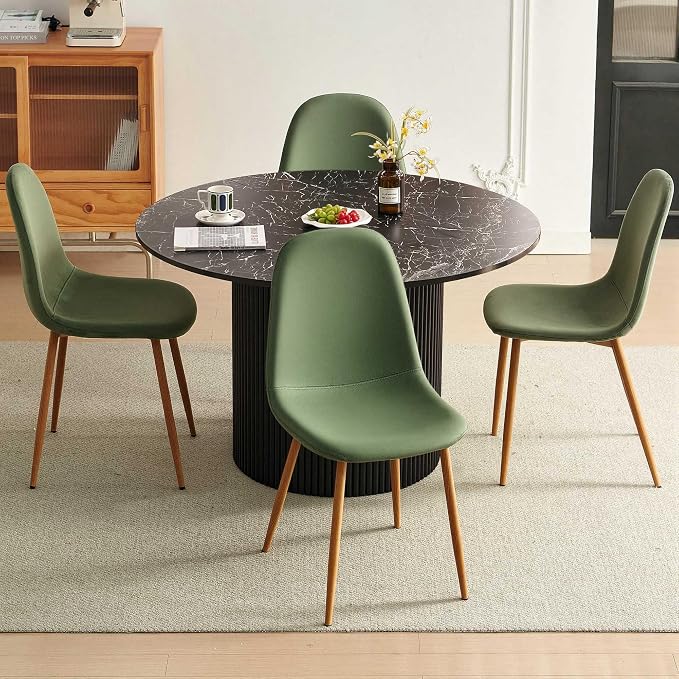 Dining Table Set for 4, Mid Century Modern 47 Inch Black Marble-Look Wooden Round Dining Table Set, Space Saving (Table + 4 Green Chairs)