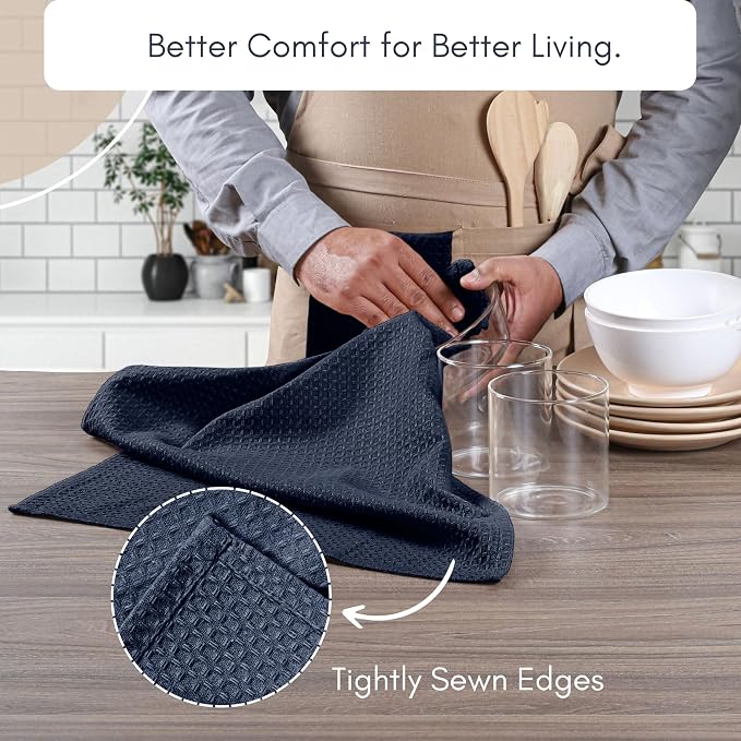 TWINY threads Waffle Kitchen Towel Set of 6, 16x26 Inches, Premium Large 100% Cotton Dishcloths with Hanging Loop, Absorbent, Quick Drying Cloths for Drying Dishes, Washable, Reusable, Navy Blue