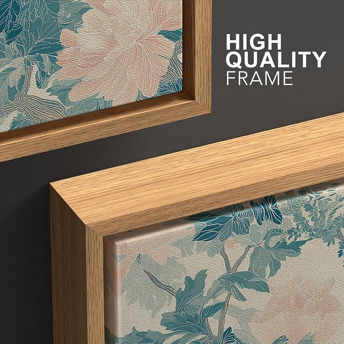 wall26 Framed Print Wall Art Set Elegant Blue Bird and Peony Floral Pattern Decorative Minimal Relax/Zen for Living Room, Bedroom, Office - 24"x36"x3 NATURAL