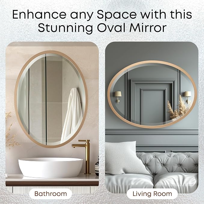 OVALCREST - Oval Wooden Beveled Wall Mirror for Home Decor, Bathroom, Vanity, Bedroom, Living Room, Hallway - London Style (Gold Spray) 31.1 x 21.1