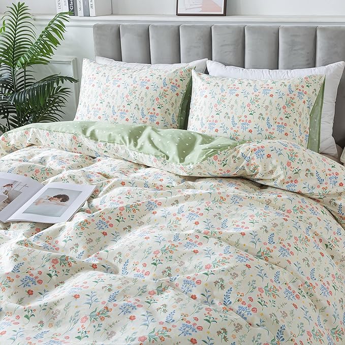 HoneiLife Duvet Dover King Size - 100% Cotton Bedlinen Set, Floral Comforter Cover with Zipper Closure & Corner Ties, 3-PC Wildflower Comforter Cover Sets