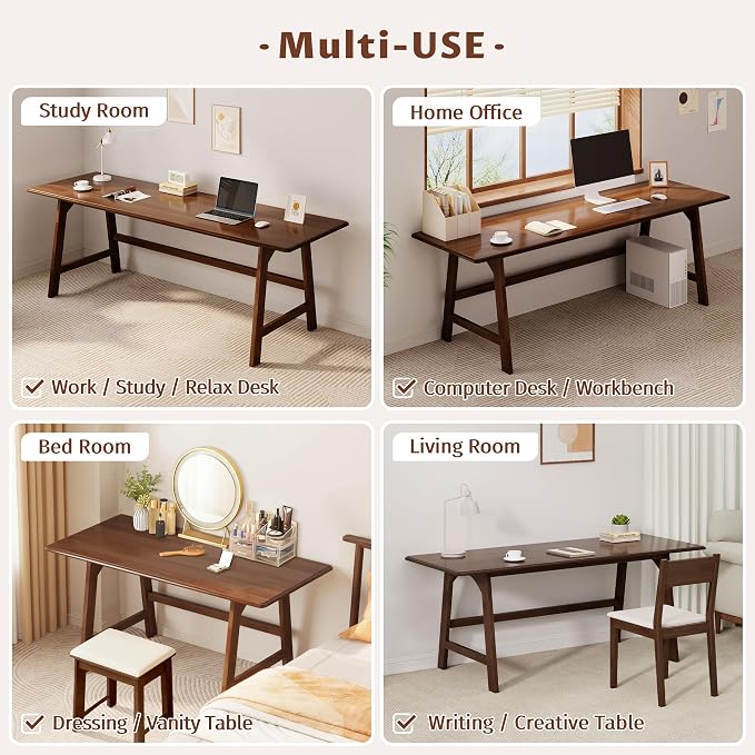 IOTXY Solid Wood Writing Table - 60" W x 24" D Minimalist Computer Desk for Home Office, Work, Study, Creativity, and PC Workstation, Walnut
