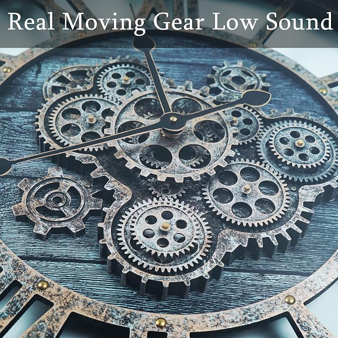 36 Inch Moving Gear Wall Clock, Oversized Wall Clocks, Clock Living Room Decor, Solid Wood Frame, Battery Operated, Large Wall Clock with Steampunk Industrial for Fireplace(Gray)