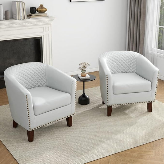 UIXE Faux Leather Barrel Accent Chairs Set of 2, Modern Club Upholstered Arm Chair, Comfy Armchair Nailed Trim Living Room Single Sofa Reading Seat Bedroom Side Sitting for Office, White