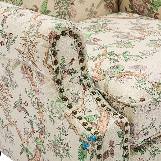 Pia Ricco Set of 2 Floral Accent Chairs, High Back Upholstered Armchairs with Retro Wingback Design, Nailhead Trim & Solid Wood Legs for Living Room Bedroom(Bird Pattern)