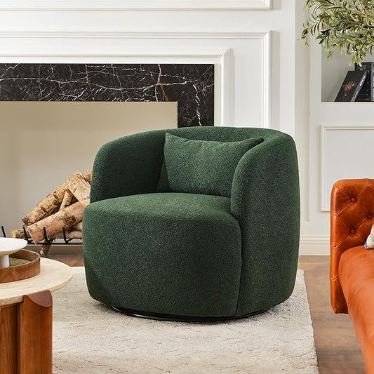 KINWELL 34" Wide Boucle Swivel Barrel Chair, No Assembly Round Upholstered Armchair Accent Chair Single Sofa Chair with Toss Pillow for Living Room and Bedroom, Green