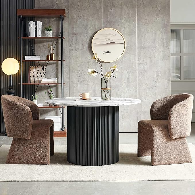 NORDICANA 3-Piece Round Dining Table Set for 2, Modern 47-Inch Kitchen Table and Chair Set, Dining Set with Brown Upholstered Armchairs, Manufactured Wood Top with White Marble Effect Finish