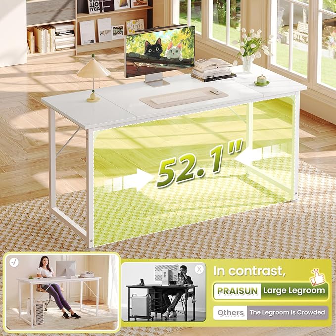 PRAISUN 55 Inch Computer Desk, Home Office Desk with Spacious Desktop, Modern Gaming Desk, Writing Study Table for Bedroom, Small Spaces, Work from Home Desk with Metal Frame, White