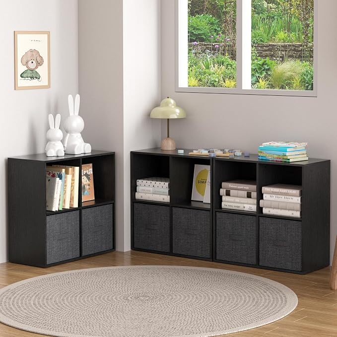 Wooden 4 Cube Storage Organizer with Closed Back Panel,White Cube Shelf Cubby Storage Organizers with Compartments for Living,Bookshelf,Organizers Easy to Install (Black, 4 Cube)